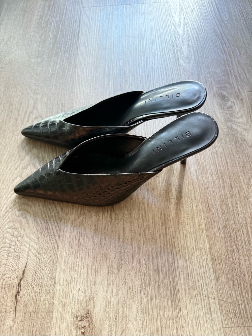 bilini dave black croc embossed pointed toe slip on mule high heel pumps shoes 7